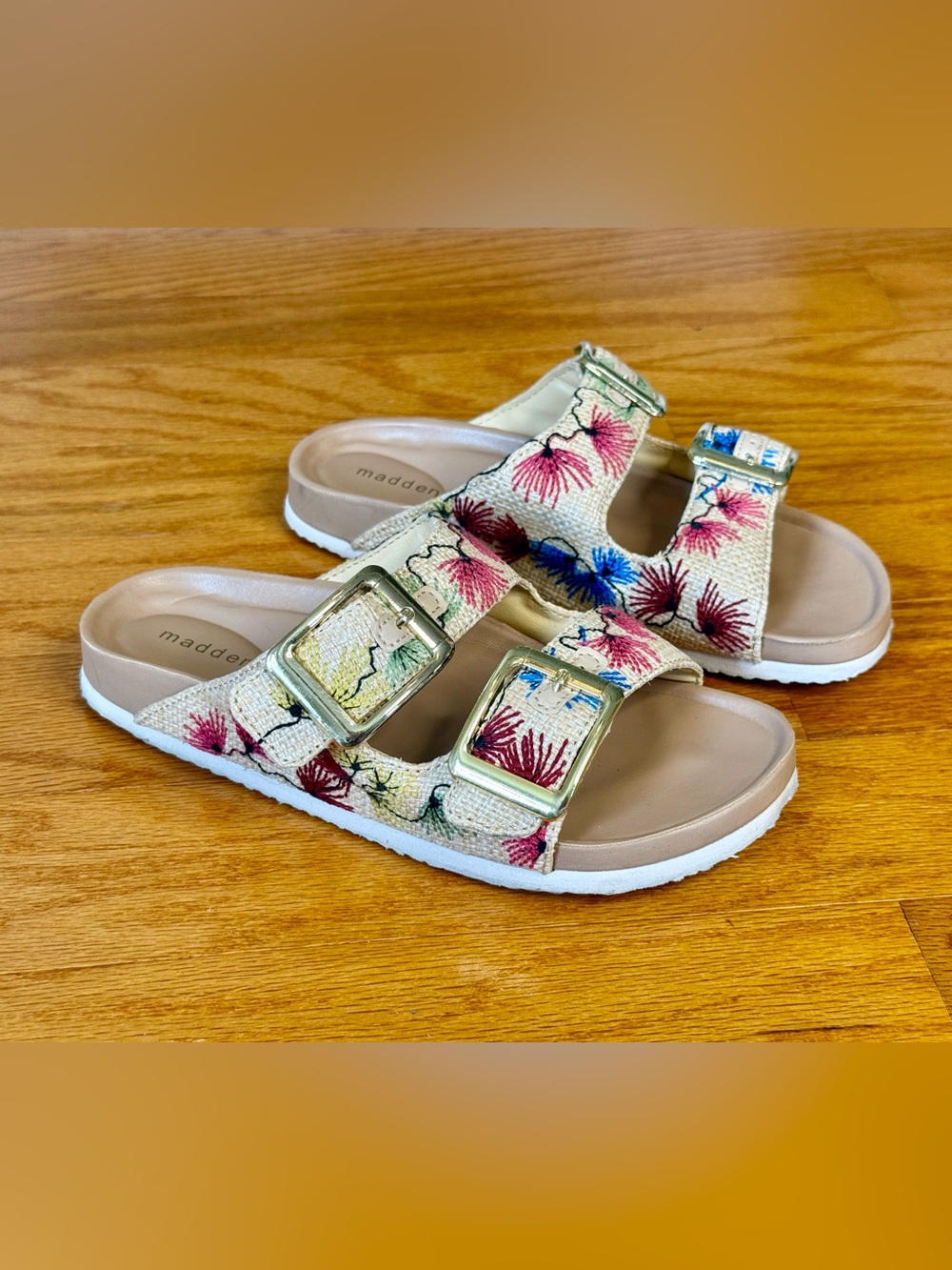 Madden Girl Floral Embroidered Raffia Double Buckle Footbed Sandals 6M